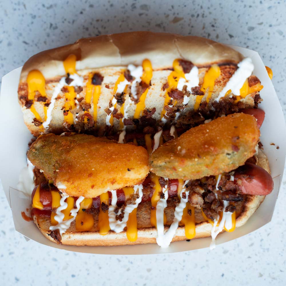 Image of Carlo Spicy Wiener, a Lucky Louie’s Beer & Wieners crowd favorite.